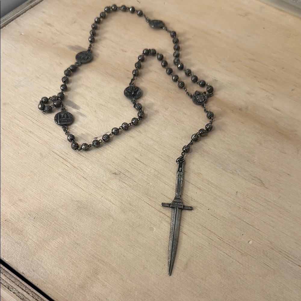 Pamela Love Silver Rosary Necklace with Sword Pendant